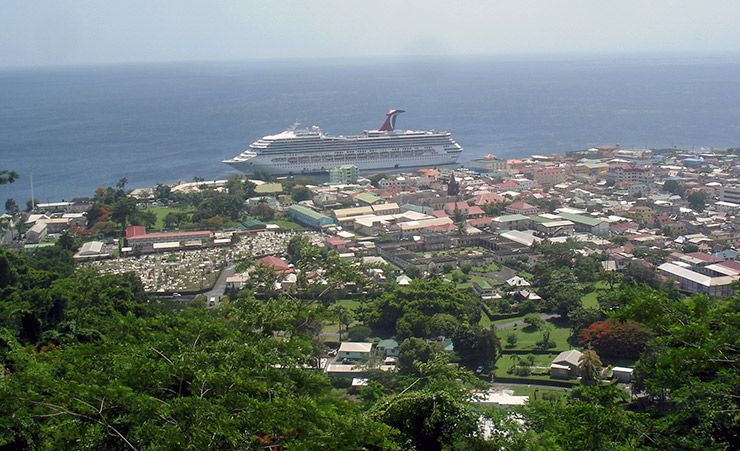 A Carnival cruise ship docked in the port of Roseau, Dominica
