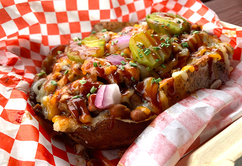 Potato loaded with everything at Anything's Brisket, Austin