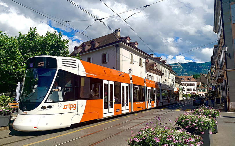 Tram riding through Carouge District of Geneva