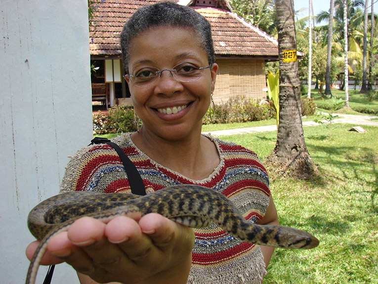 Monique holding a Checkered Keelback snake