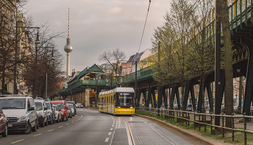 Tram leaving a U-Bahn station in Berlin