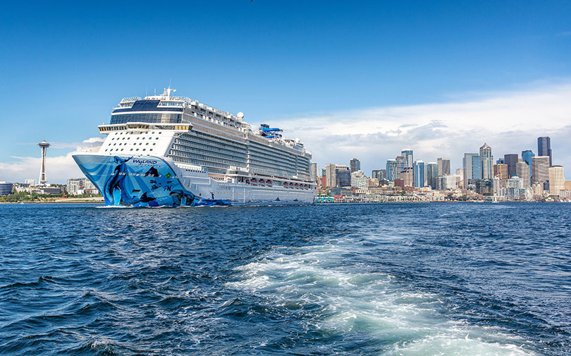 A Norwegian cruise ship leaving Seattle