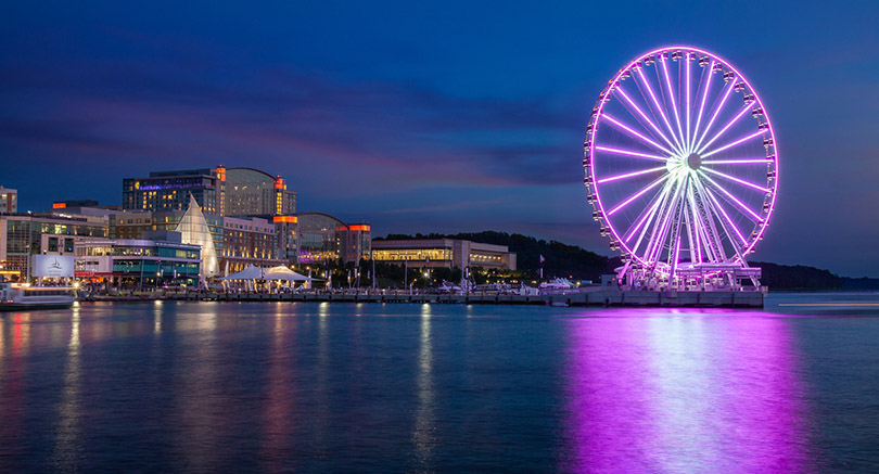 Capitol Wheel lights up 300-acre Gaylord National Harbor at night