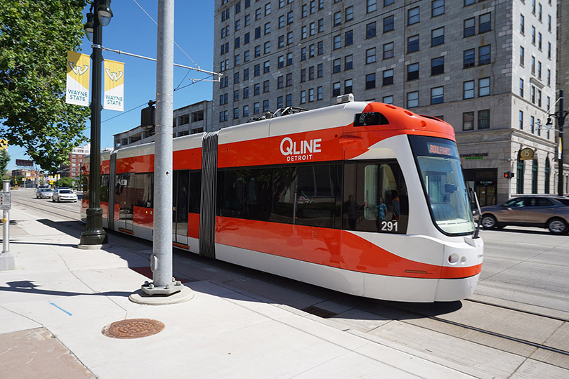 Q Line tram on Woodward Avenue, Detroit