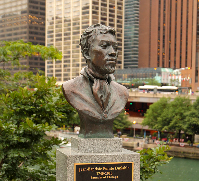 Bust honoring Jean-Baptiste Pointe DuSable, the first settler of Chicago; (c) Soul Of America