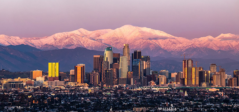 Los Angeles skyline with Mount Baldy in the background
