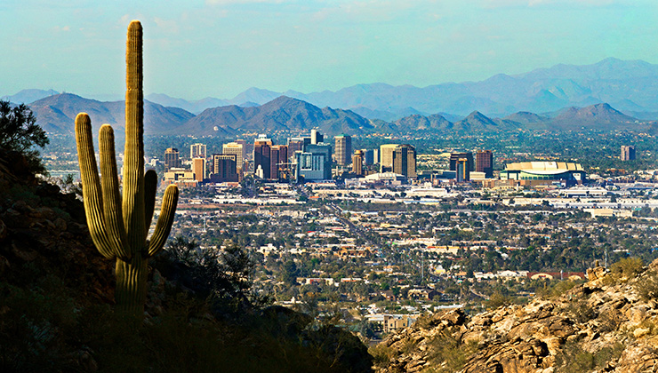 Phoenix skyline with saguaro cactus in foreground