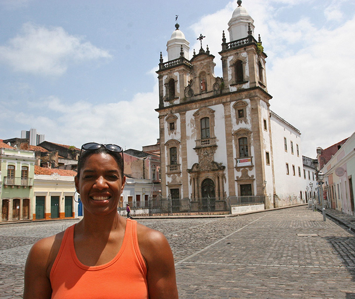 Jeanette Valentine in a historic courtyard of Recife